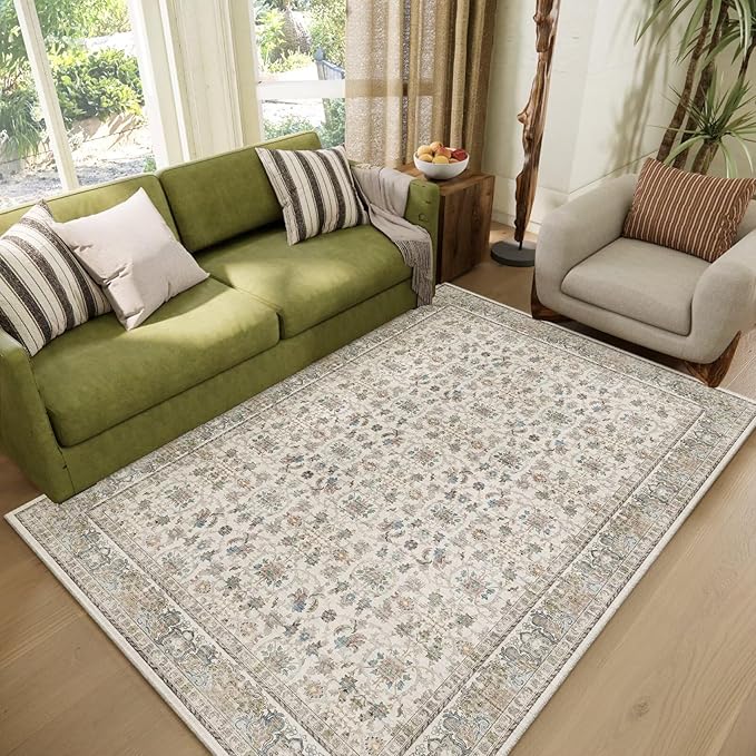 Washable 4x6 Rugs for Living Room, Boho Non-Slip Vintage Distress Small Rugs for Bedroom Nursery Office, 0.3" Neutral Oriental Throw Thin Carpet with Cushioning Pad,Cream/Blue/Orange/Multi