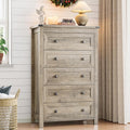 Dresser for Bedroom with 5 Drawers, Tall Wood Chest of Drawers, Modern Farmhouse Closet Clothes Organizer, Storage Tower Cabinet with Metal Handles for Hallway, Living Room, Entryway, Light Grey