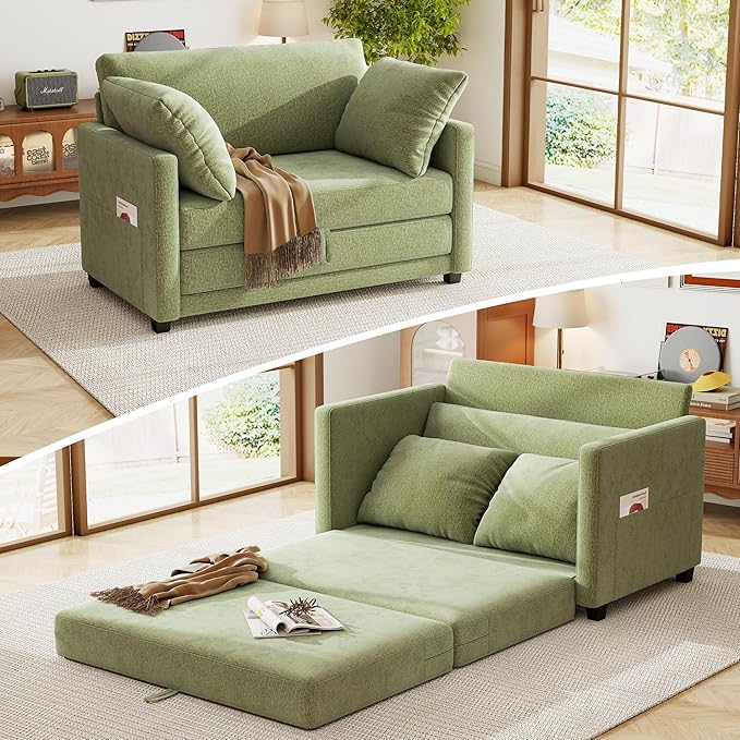 51" Loveseat Sleeper Sofa Bed, Chenille Convertible Floor Sofa Bed for Small Spaces, Folding Couch Bed with Deep Seat, 2 Pillows & Solid Frame, Pull Out Floor Couch for Living Room, Green