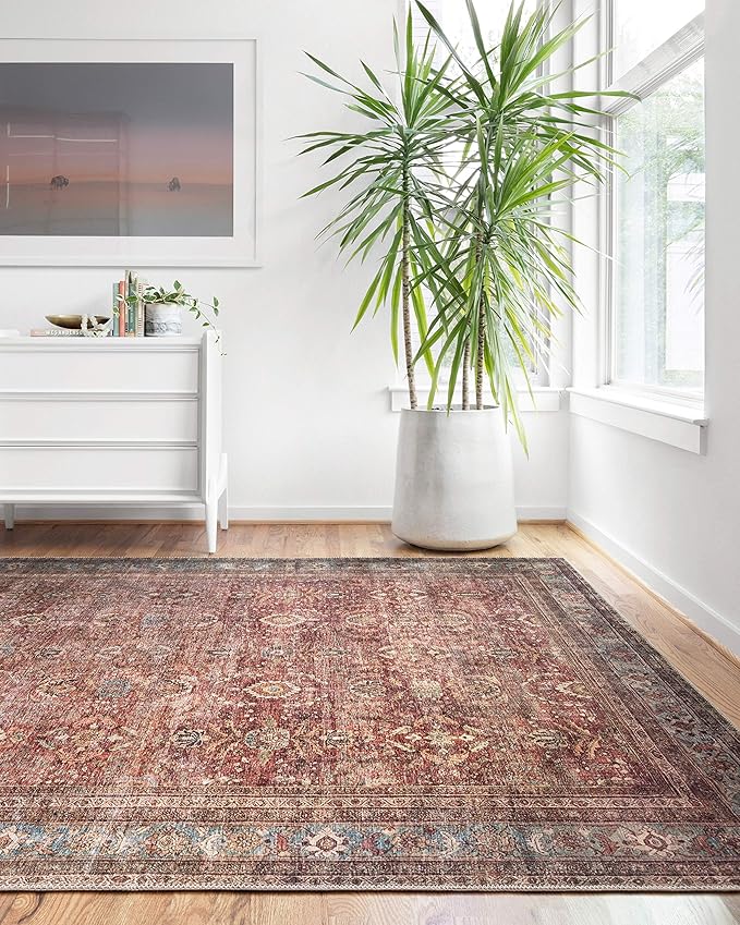 Loloi Layla Collection LAY-01 Brick/Blue 2'-3" x 3'-9" .13" Thick Accent Rug, Soft, Durable, Vintage Inspired, Distressed, Low Pile, Non-Shedding, Easy Clean, Printed, Living Room Rug