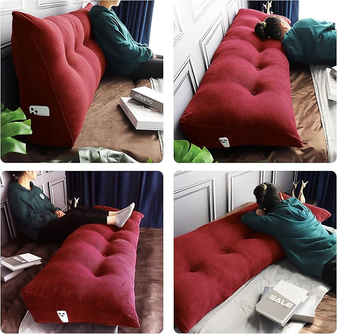 WOWMAX 100% Cotton Corduroy Headboard Pillow – King Size Back Support Reading Wedge for Bed & Daybed, Plush Handmade Bolster Cushion with Removable Cover, Cozy Bed Rest Pillow, Red