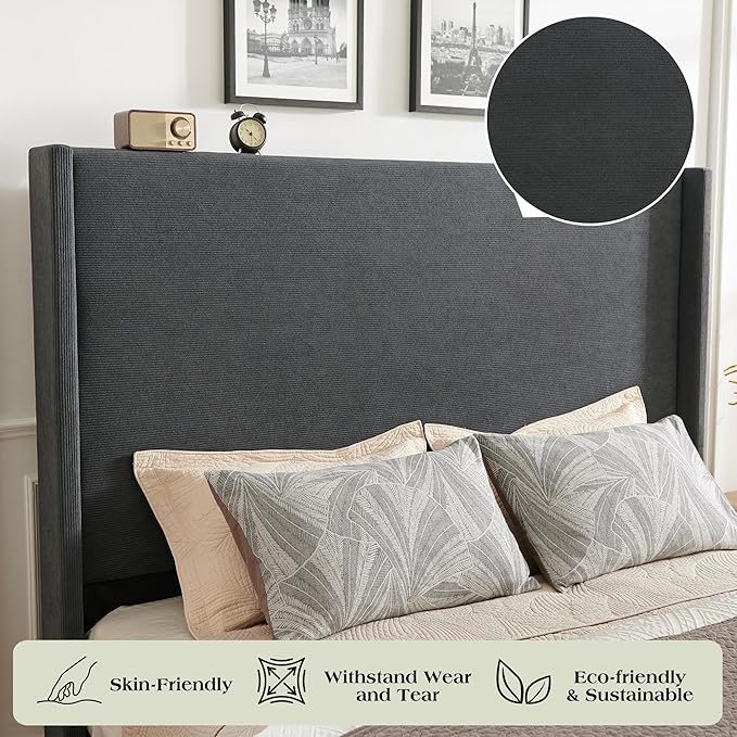 King Bed Frame with 65" Tall Headboard, Horizontal Fine Corduroy Bed Frame with Wingback, Upholstered Platform Bed, Vintage Solid Wood Gourd Legs, No Box Spring Needed, Black