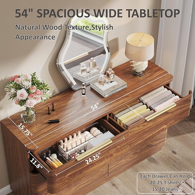 6 Drawer Dresser for Bedroom, 54" Wide Modern Chest of Drawers with Metal Handle, Curved Profile Design, Wooden Walnut Dresser Closet Clothes Storage TV Stand for Living Room, Hallway