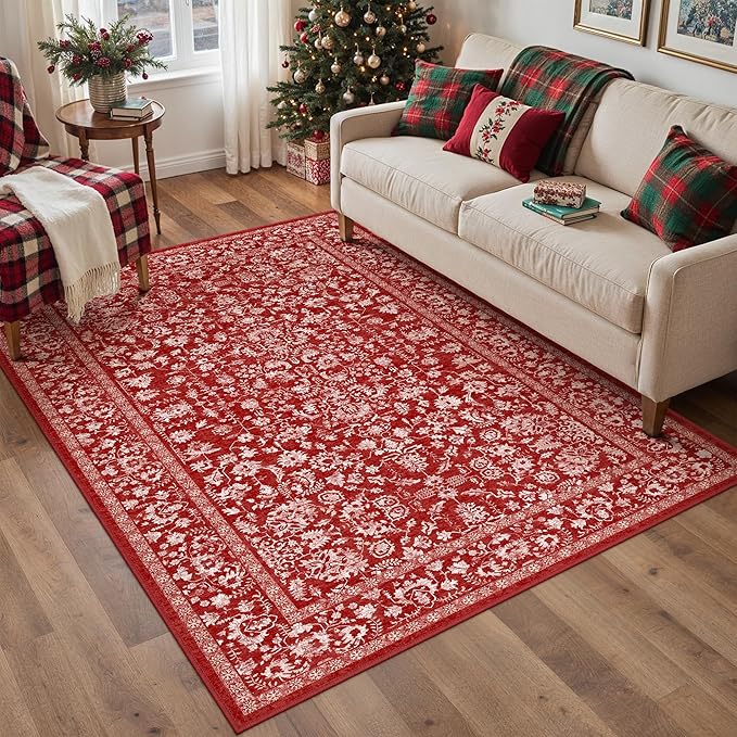 Christmas Area Rug 5x7 Red Washable Living Room Carpet Retro Distressed Floral Holiday Decor Rug Non Slip Soft Decorative Xmas Doormat for Bedroom Office Dining Room Bathroom Kitchen
