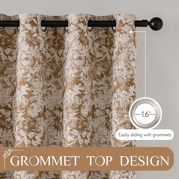 Beauoop Brown Floral Jacquard Blackout Curtains 96 Inches Long 2 Panels for Bedroom Living Room Chenille Flower Room Darkening Thermal Insulated Soundproof Grommet Window Treatments Drapes, 52x96