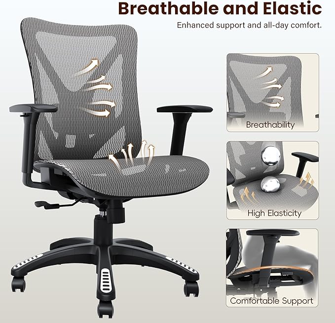 Ergonomic Office Chair, Mesh Computer Desk Chairs with Adjustable Lumbar Support, 3D Armrests, Tilt Function, Comfy Wide Seat, Swivel Executive Work Task Chair for Company and Home