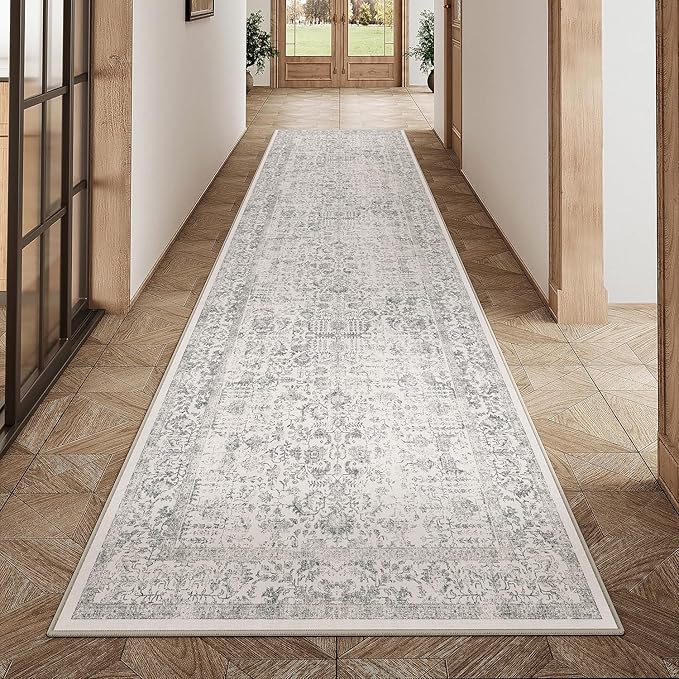 Gray Runner Rug 3x14 Hallway Machine Washable Kitchen Vintage Distressed Non Slip Long Carpet Indoor Grey Retro Floral Bedroom Accent Throw Rug for Bathroom Office Laundry Dining Living Room
