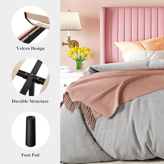 Allewie Queen Size Velvet Bed Frame/Vertical Channel Tufted Wingback Headboard/Upholstered Platform Bed/Strong Wooden Slats/No Box Spring Needed/Easy Assembly/Pink
