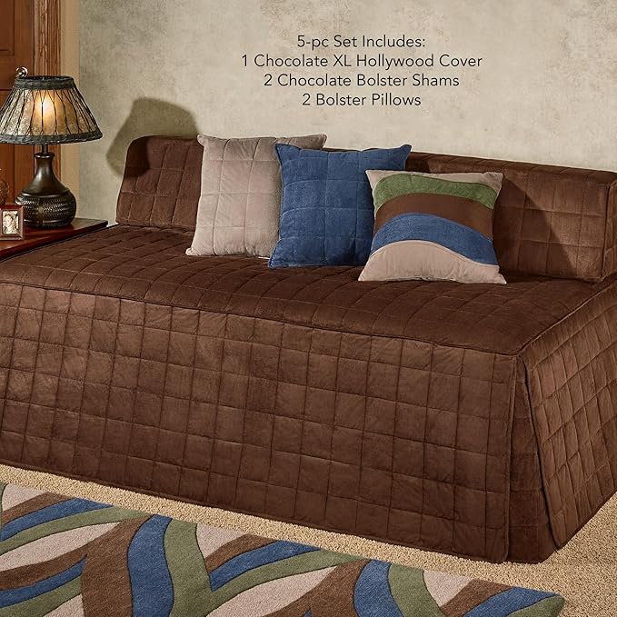 Camden Luxury Bedding | Chocolate Brown Color | Fitted Hollywood Daybed Bedding | Faux Suede Box Quilted Design | 5 Piece Set With Extra Long Hollywood Cover, 2 Bolster Shams, and 2 Bolster Pillows