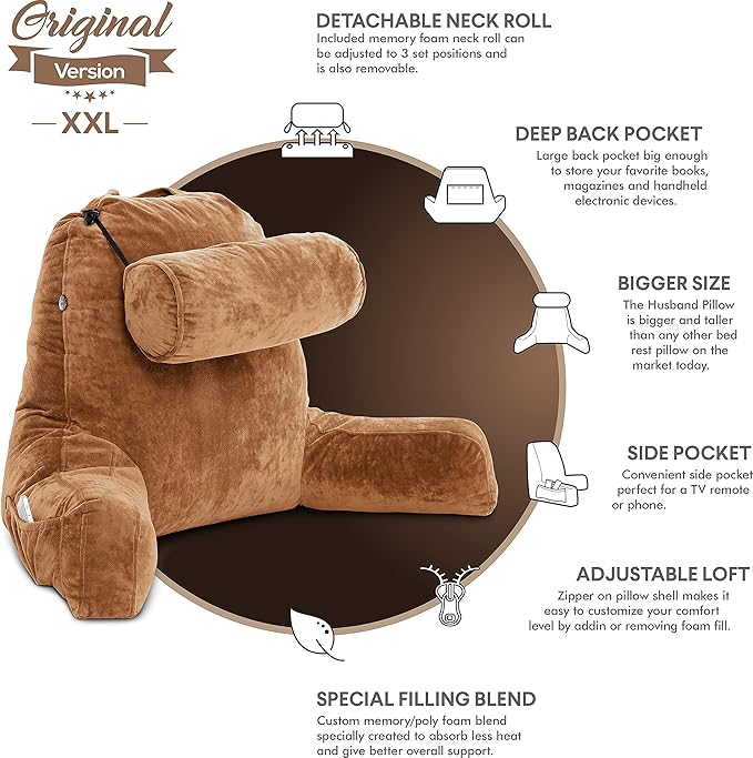 Husband Pillow XXL – Reading Pillow Bed Chair with Arms & Back Support – Tan - Back Pillow for Beds Sitting Up – Bed Rest Arm Pillow – Comfy Reading Pillow for Adults