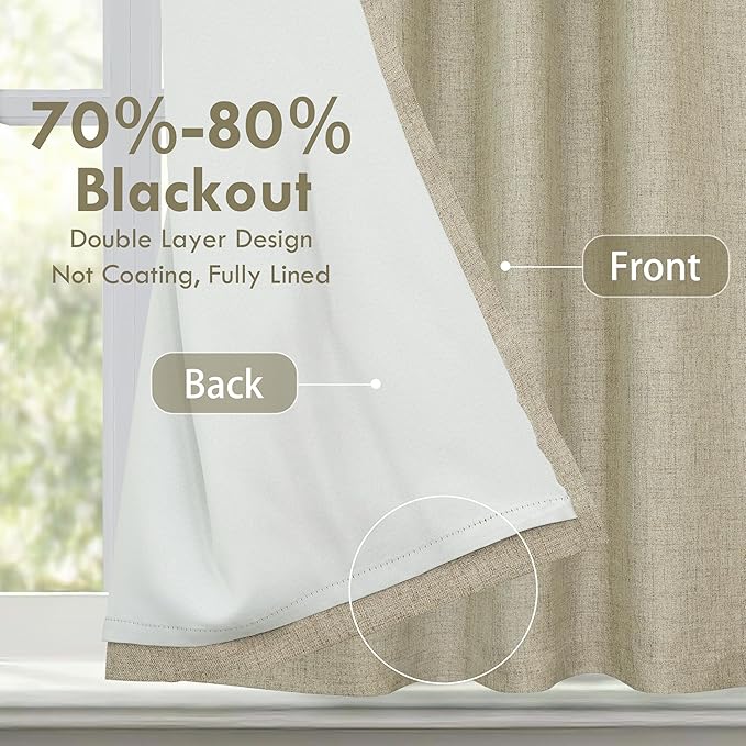 DriftAway Double Layer Linen Blackout Tie Up Curtains Thermal Insulated Fully Lined Balloon Roman Shade Bathroom Window Adjustable Rod Pocket for Small Window 25 Inch by 47 Inch Light Khaki Linen