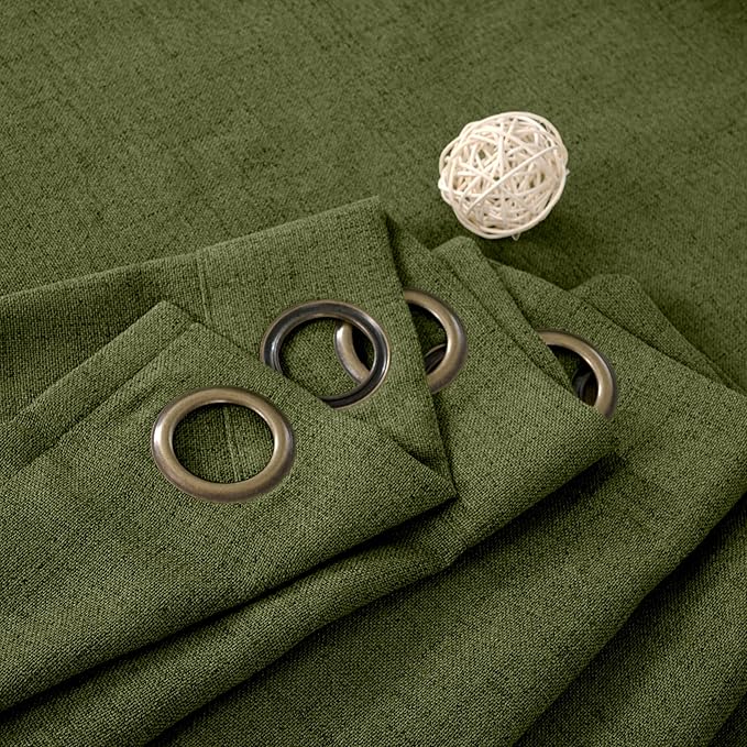 YoungsTex Extro Long Linen Curtains 108 Inch Length for Living Room, Semi Sheer Drapes Light Filtering with Bronze Grommet for Dining Bedroom Country, Olive Green, 2 Panels, 52 X 108 Inch