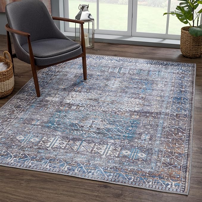 Bloom Rugs Washable 4' x 6' Rug - Slate Gray/Blue Traditional Area Rug for Living Room, Bedroom, Dining Room, and Kitchen - Exact Size: 4' x 6'