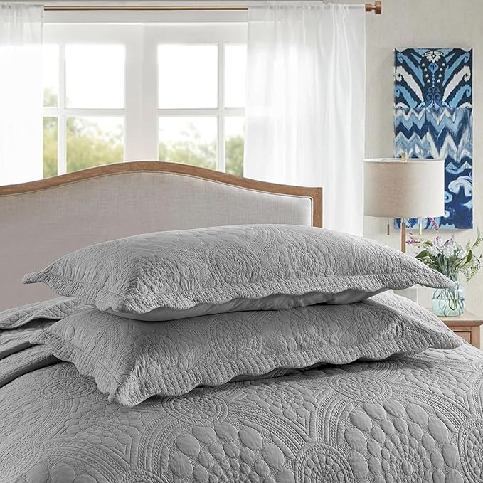MarCielo 3-Piece 100% Cotton Oversized Bedspread Lightweight Quilt Coverlet Embroidery Farmhouse Bedding Set (Tf Light Grey, Oversized King (118"x106"))