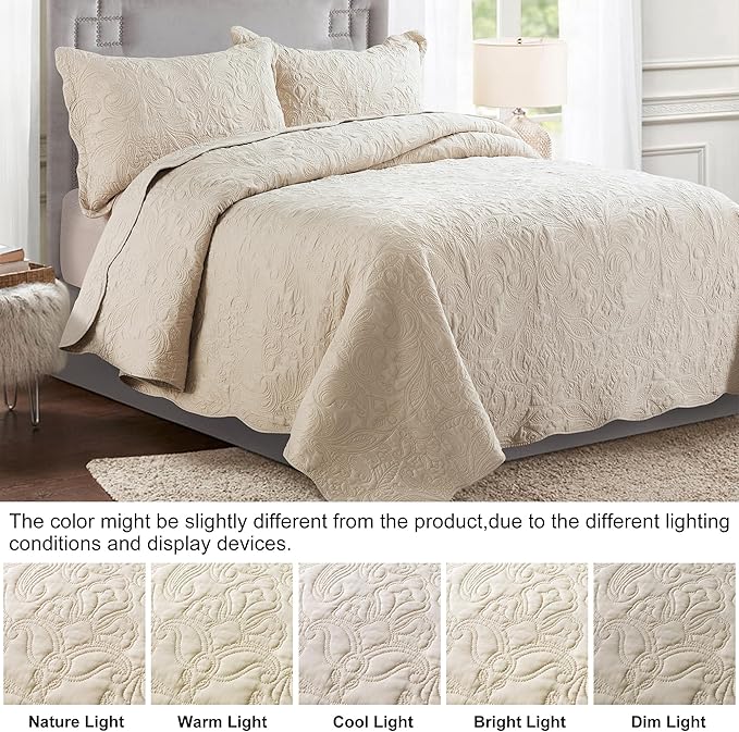 HoneiLife Quilt Set King Size - 3 Piece Embroidered Microfiber Bedspread Reversible Coverlet Lightweight Bedcover Paisley Pattern Bedding Set All Season Quilts-Khaki