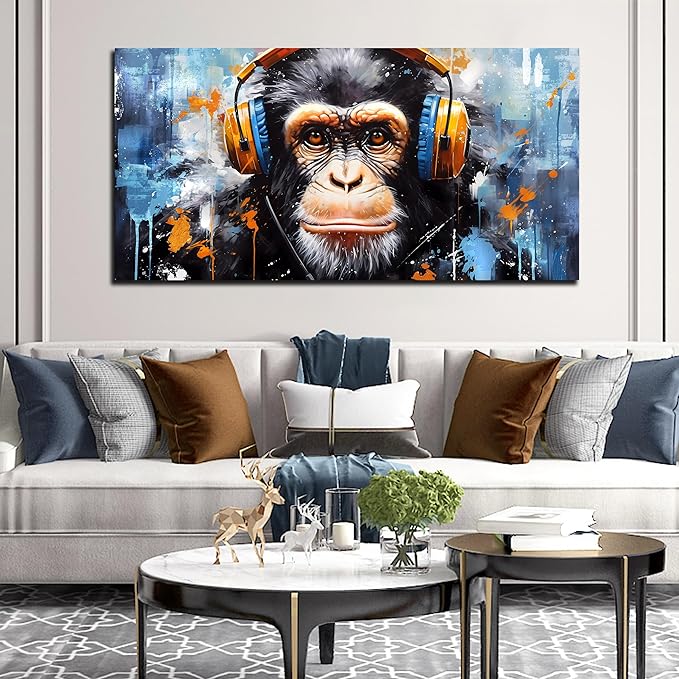 ENTANUB Monkey Wall Art for Living Room, Animal Canvas Print Painting for Bedroom, Blue Picture Decor, Size 59 x 29 Inches