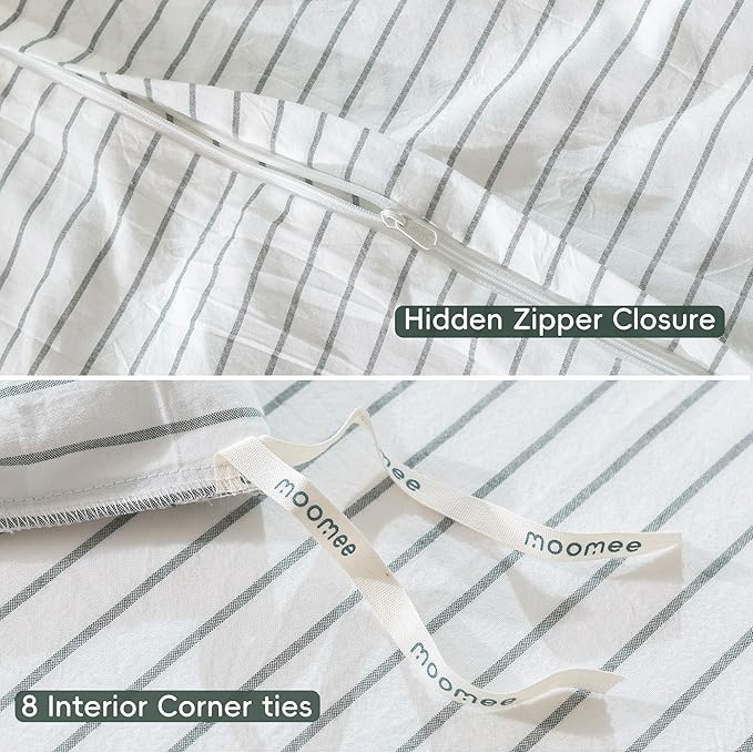 MooMee Striped Duvet Cover Set 100% Washed Cotton Linen Like Textured Breathable Durable Soft Comfy (White Heathered Green Wide Stripes, Oversized King Plus 128"x120")