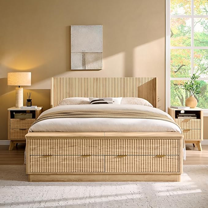 T4TREAM Fluted Queen Size Bed Frame with Wingback Headboard, Footboard Storage Bench with Built-in Drawers & Lift-Up Compartments, Wood & Steel Platform Bed, No Box Spring Needed, Natural Oak