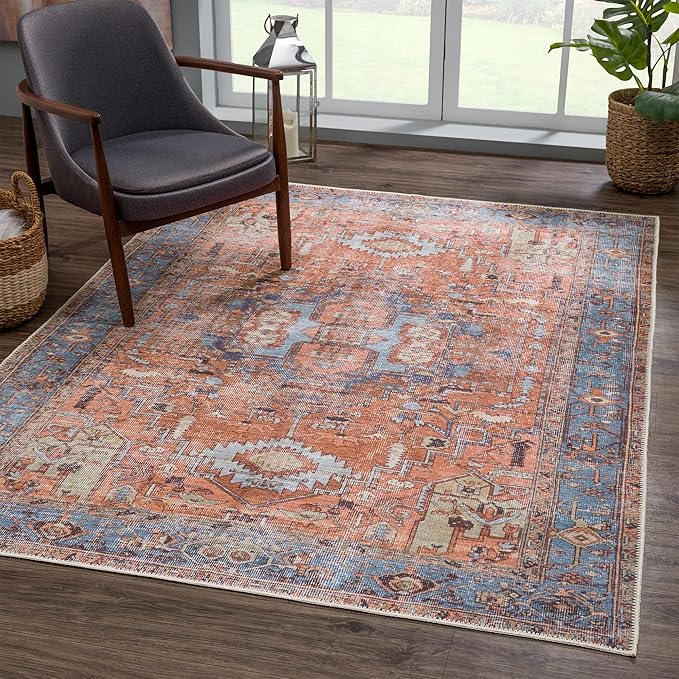 Bloom Rugs Washable 8' x 10' Rug - Terracotta/Blue Traditional Area Rug for Living Room, Bedroom, Dining Room, and Kitchen - Exact Size: 8' x 10'