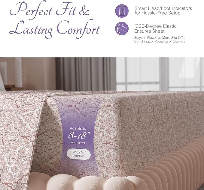 Carressa Linen Luxury Egyptian Cotton California King Printed Sheet Set 600 Thread Count Extra Long Staple 4 PC Set, Paisley Blush Cal King Printed Sheets, Soft, Cooling Sheets Upto 18 in Deep Pocket