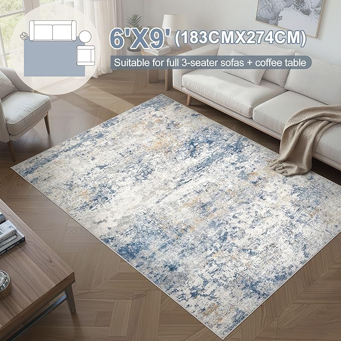 Area Rug Living Room Rugs - 6x9 Abstract Large Soft Indoor Washable Rug Neutral Modern Low Pile Carpet for Bedroom Dining Room Farmhouse Home Office - Blue