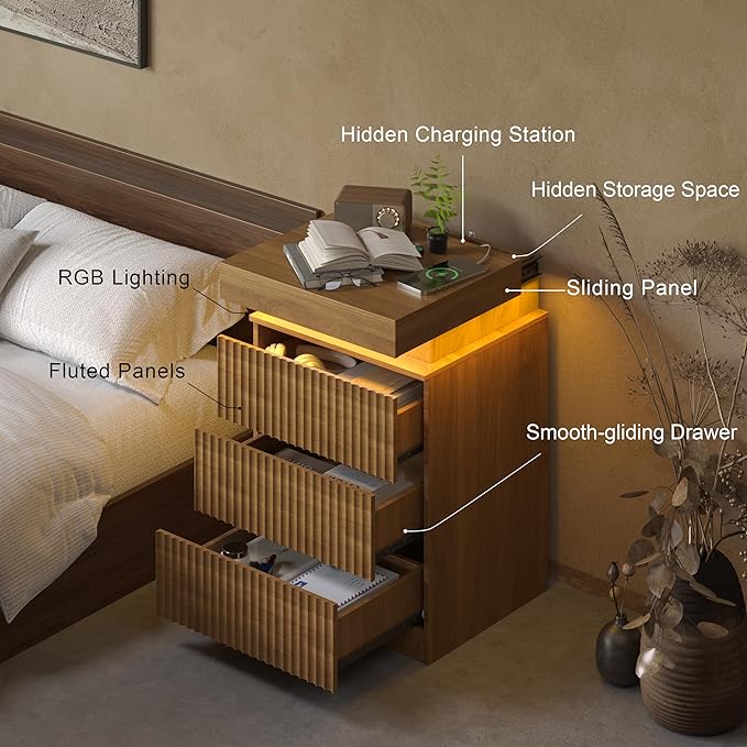 Nightstand Set of 2 for Bedroom, LED Nightstand with 3 Drawers and Charging Station, Mid Century Modern Fluted Nightstands, Bedside Tables & End Tables, Walnut