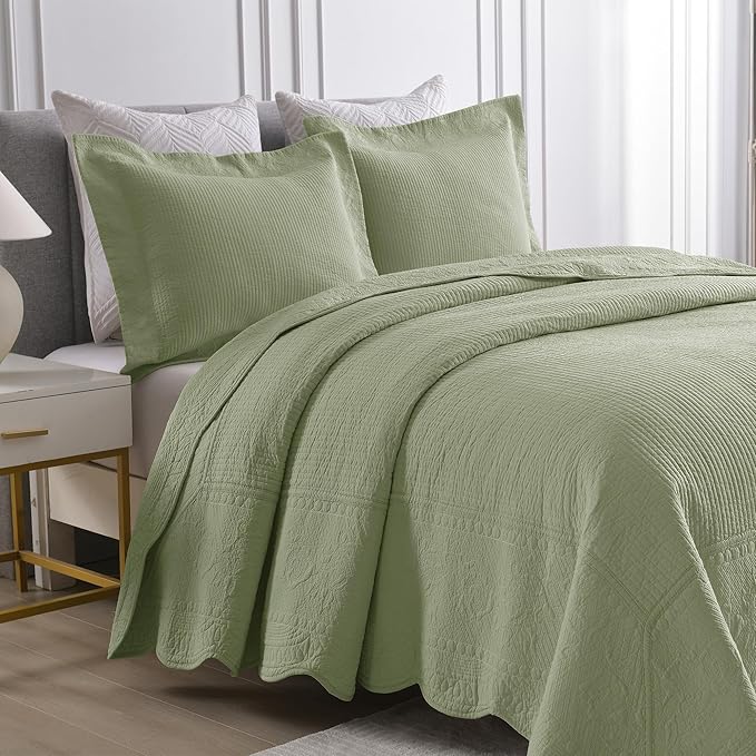 MarCielo 3-Piece 100% Cotton Oversized Bedspread Lightweight Quilt Coverlet Embroidery Farmhouse Bedding Set (TG Pale Green, Oversized King (118"x106"))