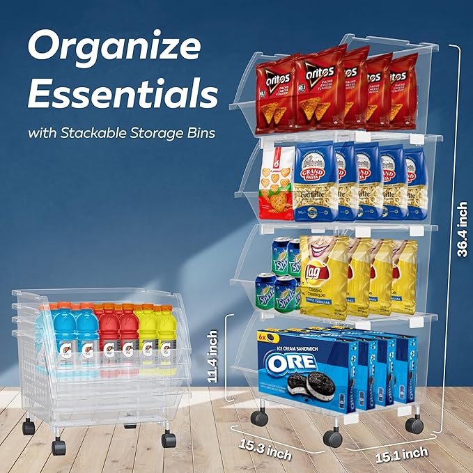 TidyFriend Plastic Stackable Storage Bins Clear - 4 Pack Large Open Front Bins For Toy Organizers and Pantry, Kitchen, Bathroom Essentials