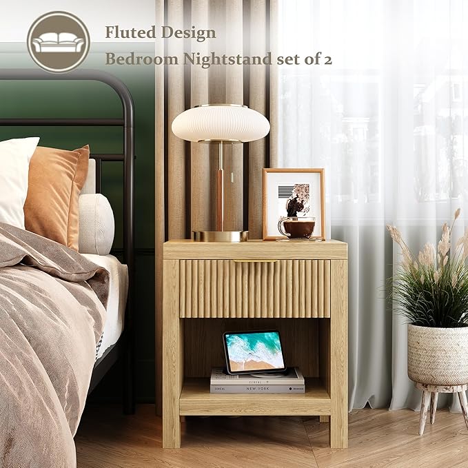 Nightstand Set of 2, End Table with 2 Drawers, Modern Bed Side Table with Storage, Farmhouse Fluted Cabinet Bedside Cabinet for Bedroom Living Room Sofa Couch Office Natural Oak