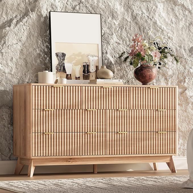 54'' Wide 7 Drawers Dresser for Bedroom,Modern Fluted Vertical Chest with Rounded Corners,Fluted Dresser for Living Room,Hallway, Natural Wood