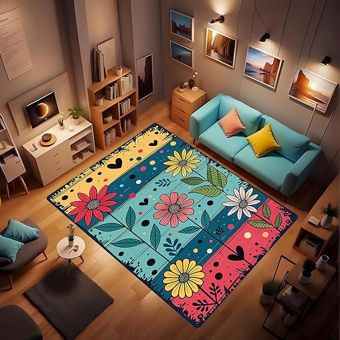 Machine Washable 3' x 5' Folk Art Print Style Area Rug, Flowers Floor mat, Suitable for bedrooms, Girls' Room Bedside, Living Room, Dining Room, Office, Non-Slip Low-Pile Retro, Fashionable Carpet
