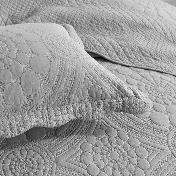 MarCielo 3-Piece 100% Cotton Oversized Bedspread Lightweight Quilt Coverlet Embroidery Farmhouse Bedding Set (Tf Light Grey, Oversized King (118"x106"))