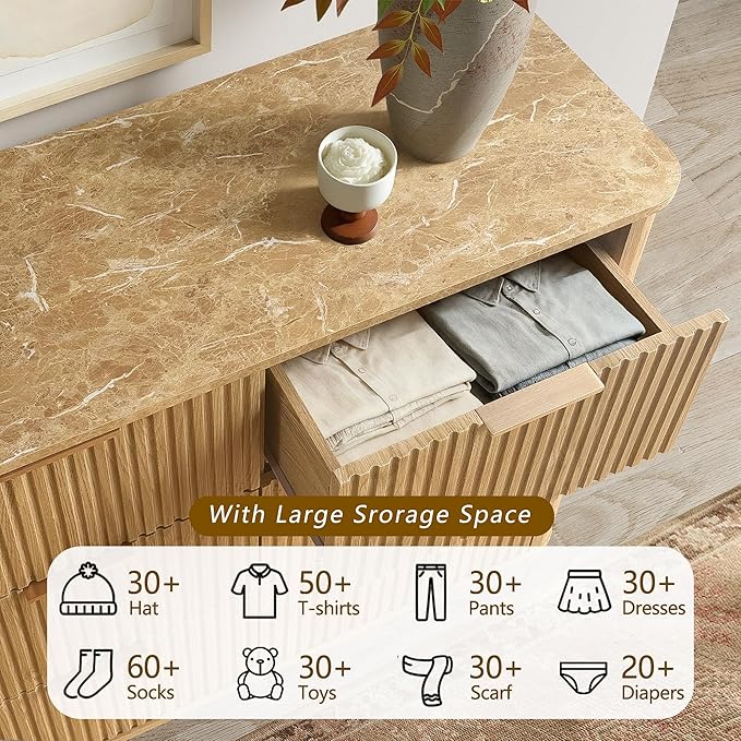 win2win 9 Drawer Dresser, Modern Dresser with Storage, 55" Wide Fluted Chest of Drawers with Faux Marble Top, Dressers TV Stand, Minimalist Drawers Organizer for Bedroom, Living Room, Hallway, Oak