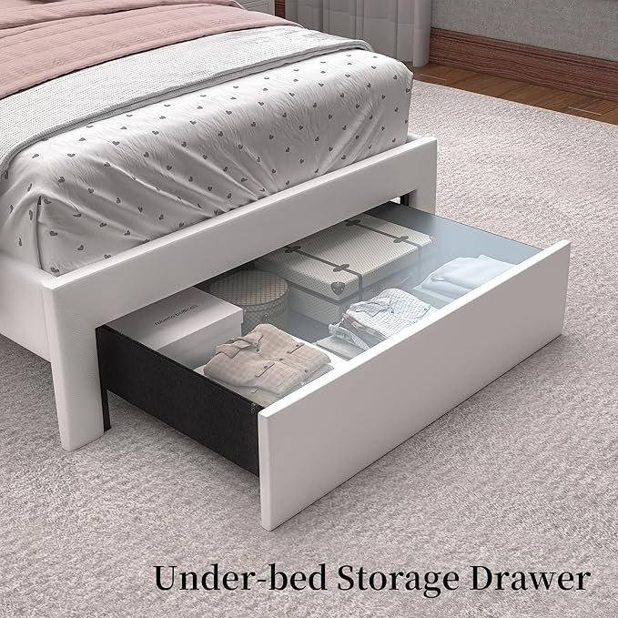 Twin LED Bed Frame with Storage Drawer, PU Upholstered Platform Beds with Galaxy Star Projector and Speaker, Aurora Bedframe with 2-Tier Storage Headboard for Small Bedroom Apartment, White