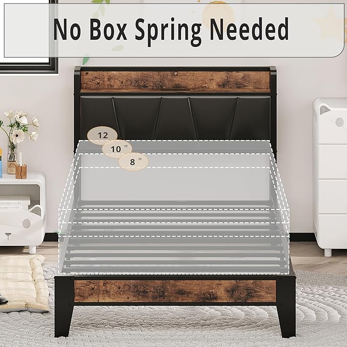 LIKIMIO Twin Bed Frame, Storage Headboard with Charging Station, Solid and Stable, Noise Free, No Box Spring Needed, Easy Assembly (Vintage and Black)