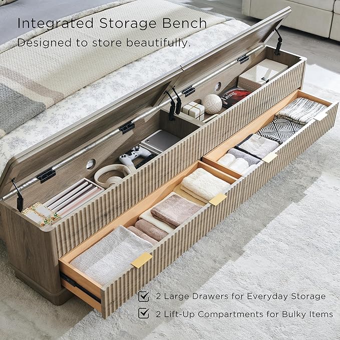 T4TREAM Fluted King Size Bed Frame with Wingback Headboard, Footboard Storage Bench with Built-in Drawers & Lift-Up Compartments, Wood & Steel Platform Bed, No Box Spring Needed, Grey Alder