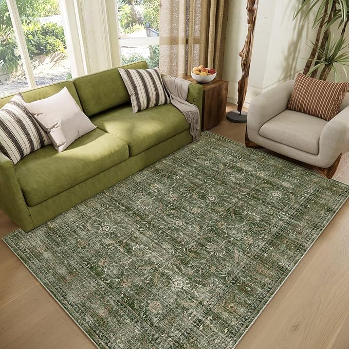 Washable 4x6 Rugs for Living Room, Boho Non-Slip Vintage Distress Small Rugs for Bedroom Nursery Office, 0.3" Neutral Oriental Throw Thin Carpet with Cushioning Pad, Grass Green/Multi