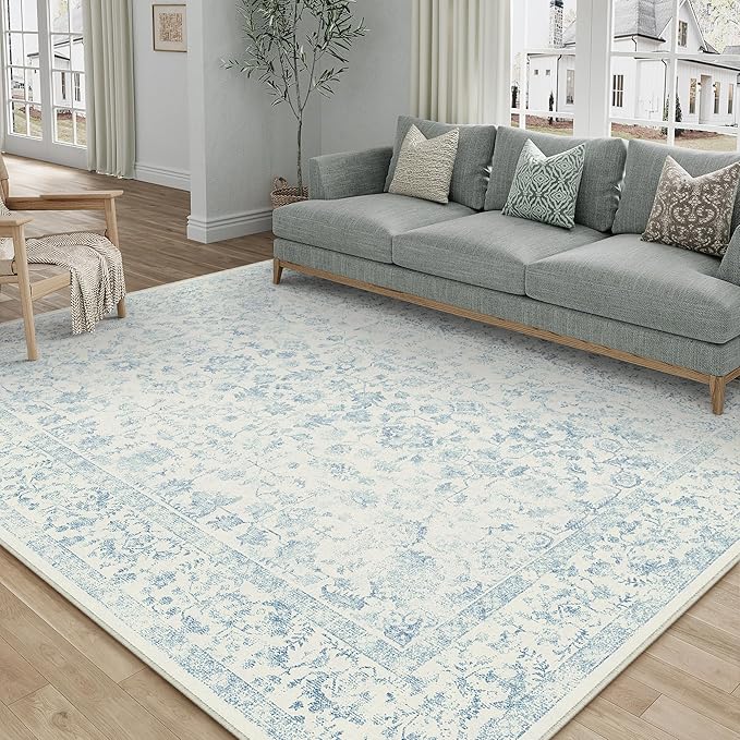 5x7 Blue Area Rug Non Slip Vintage Living Room Distressed Machine Washable Carpet Traditional Indoor Bedroom Blue Retro Floral Accent Throw Rug for Office Kitchen Dorm Dining Room