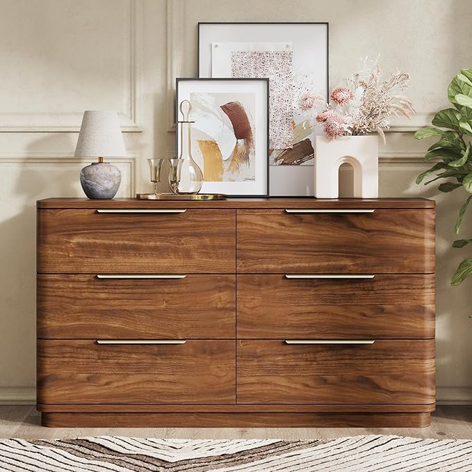 6 Drawer Dresser for Bedroom, 54" Wide Modern Chest of Drawers with Metal Handle, Curved Profile Design, Wooden Walnut Dresser Closet Clothes Storage TV Stand for Living Room, Hallway