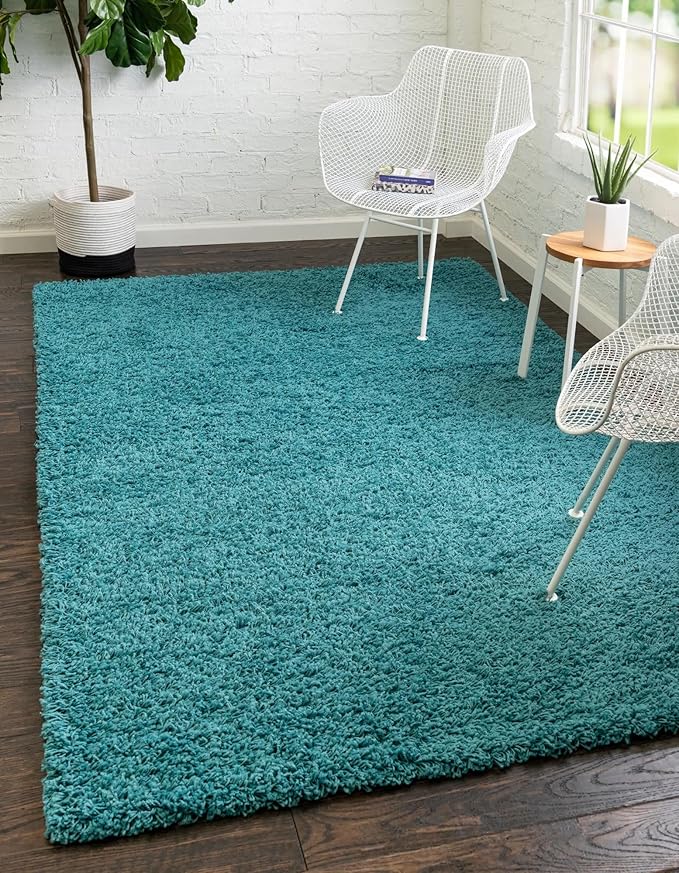 Unique Loom Solid Shag Collection Area Rug (4' 1" x 6' 1" Rectangle, Deep Aqua Blue)