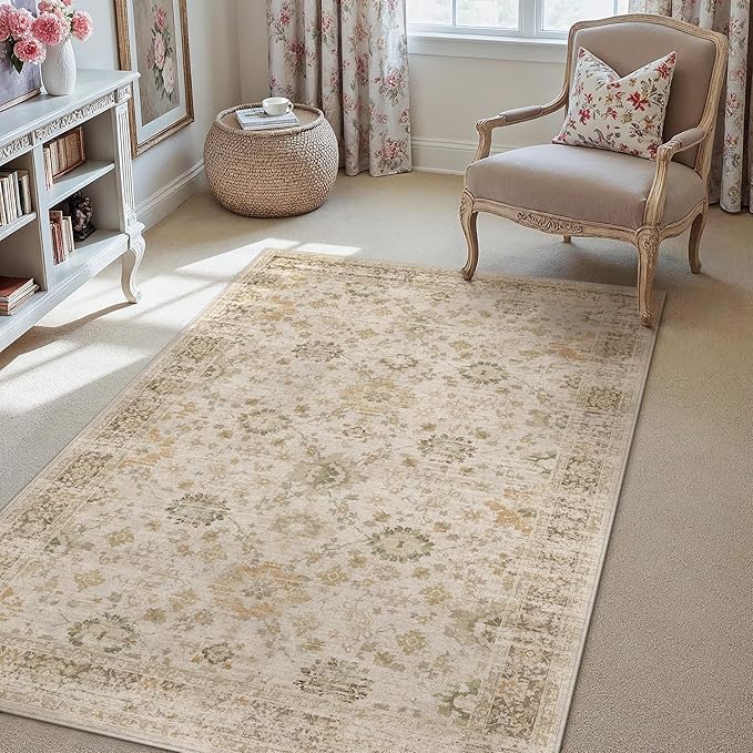 Beige 3x5 Area Rug Non Slip Vintage Office Entryway Rug Distressed Machine Washable Kitchen Carpet Retro Traditional Floral Accent Throw Door Mat for Bedroom Bathroom Dining Living Room