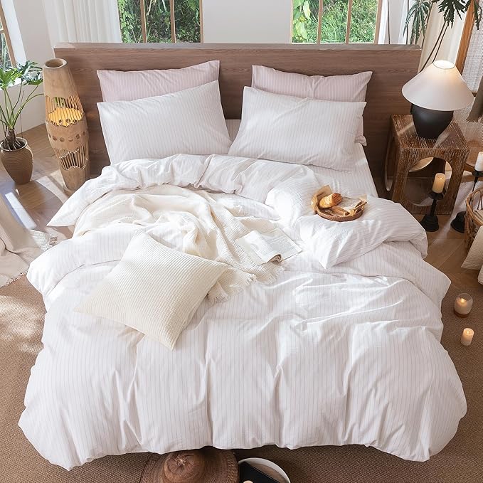 MooMee Striped Duvet Cover Set 100% Washed Cotton Linen Like Textured Breathable Durable Soft Comfy (White Heathered Greyish Pink Wide Stripes, Oversized Full 82"x86")