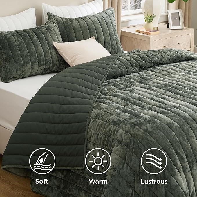 Bedsure Velvet Quilt King Size - 108"x96" Oversized King Size Comforter Set, Luxury Velvet Comforter Bedspread Coverlet, Ultra-Soft Winter Bedding Set with 2 Pillow Shams, Olive Green