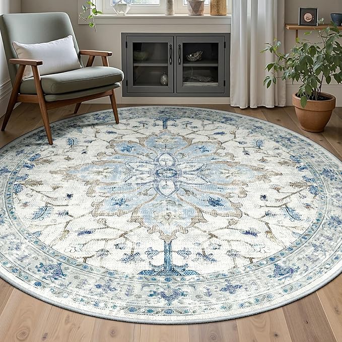 Area Rugs 6ft Washable Non-Slip, Floral Vintage Distress Print Pattern Medallion Carpet for Living Room Bedroom Dining Room, Light Blue Navy Beige Gray White
