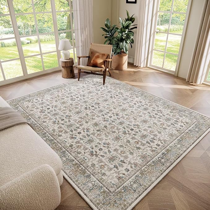 Washable 6x9 Area Rugs for Living Room, Boho Non-Slip Vintage Distress Large Rugs for Bedroom Dining Room Nursery Office, 0.3" Neutral Oriental Throw Thin Carpet, Cream/Blue/Orange/Multi