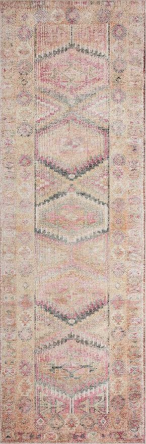 Loloi Layla Collection LAY-17 Pink/Lagoon 2'-0" x 5'-0" .13" Thick Accent Rug, Soft, Durable, Vintage Inspired, Distressed, Low Pile, Non-Shedding, Easy Clean, Printed, Living Room Rug