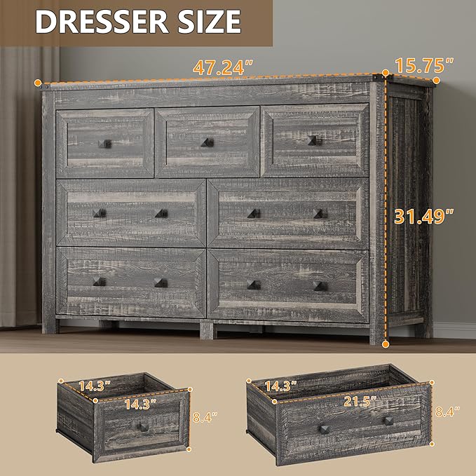 7-Drawer Dresser, Modern Wooden Storage Chest of Drawers, Dresser TV Stand, Wood Drawer Organizer with Metal Handles for Bedroom, Living Room, Hallway