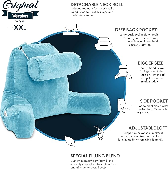 Husband Pillow XXL - Reading Pillow Bed Chair with Arms & Back Support - Carolina Blue - Back Pillow for Sitting Up - Bed Rest Arm Pillow - Comfy Reading Pillow for Adults