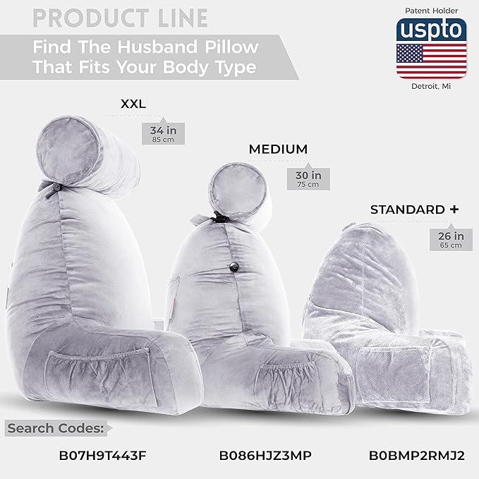 Husband Pillow Light Grey, Original Reading Pillow in Bed Rest Chair, Shredded Memory Foam Large Lounge Cushion Adult Backrest with Arms, Comfy Back Support for Sit Sitting Up, Wash/Removable Cover