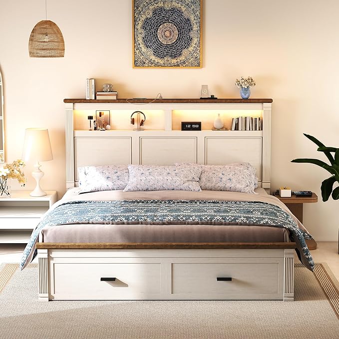 Queen Size Bed Frame with 53" Tall Headboard, Farmhouse Platform Bed Frame with Roman Column Decoration Footboard & 2 Storage Drawers, LED Built in Charging Station, No Box Spring Needed（Rust White)